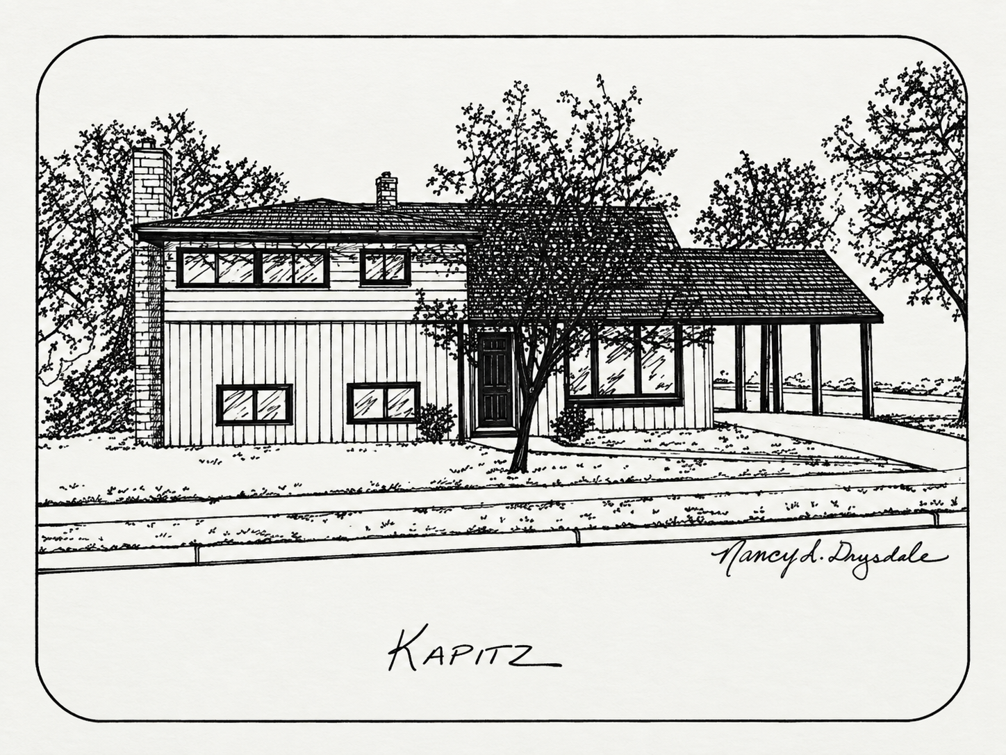 The original house portrait — drawn by Nancy D. Drysdale