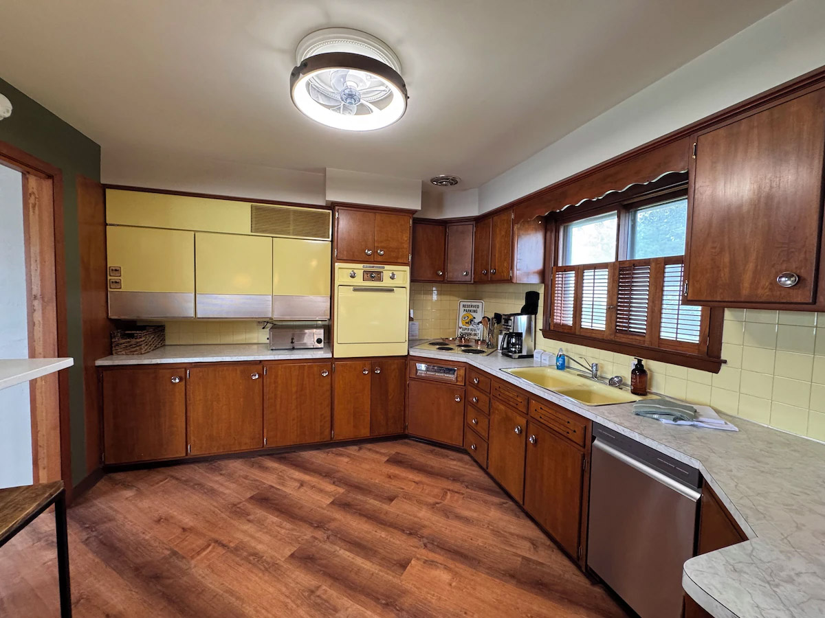 The kitchen — Harvest Gold & original walnut